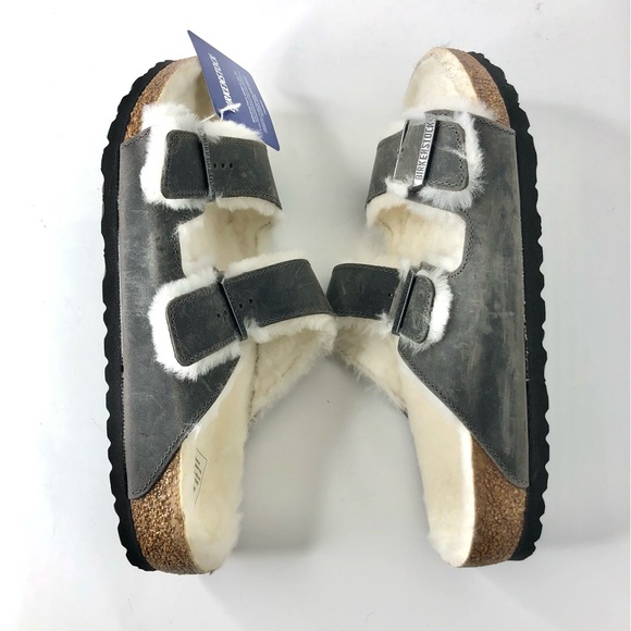 NIB Birkenstock Arizona Shearling Iron Leather Fur Lined Sandals Shoes - Picture 3 of 12